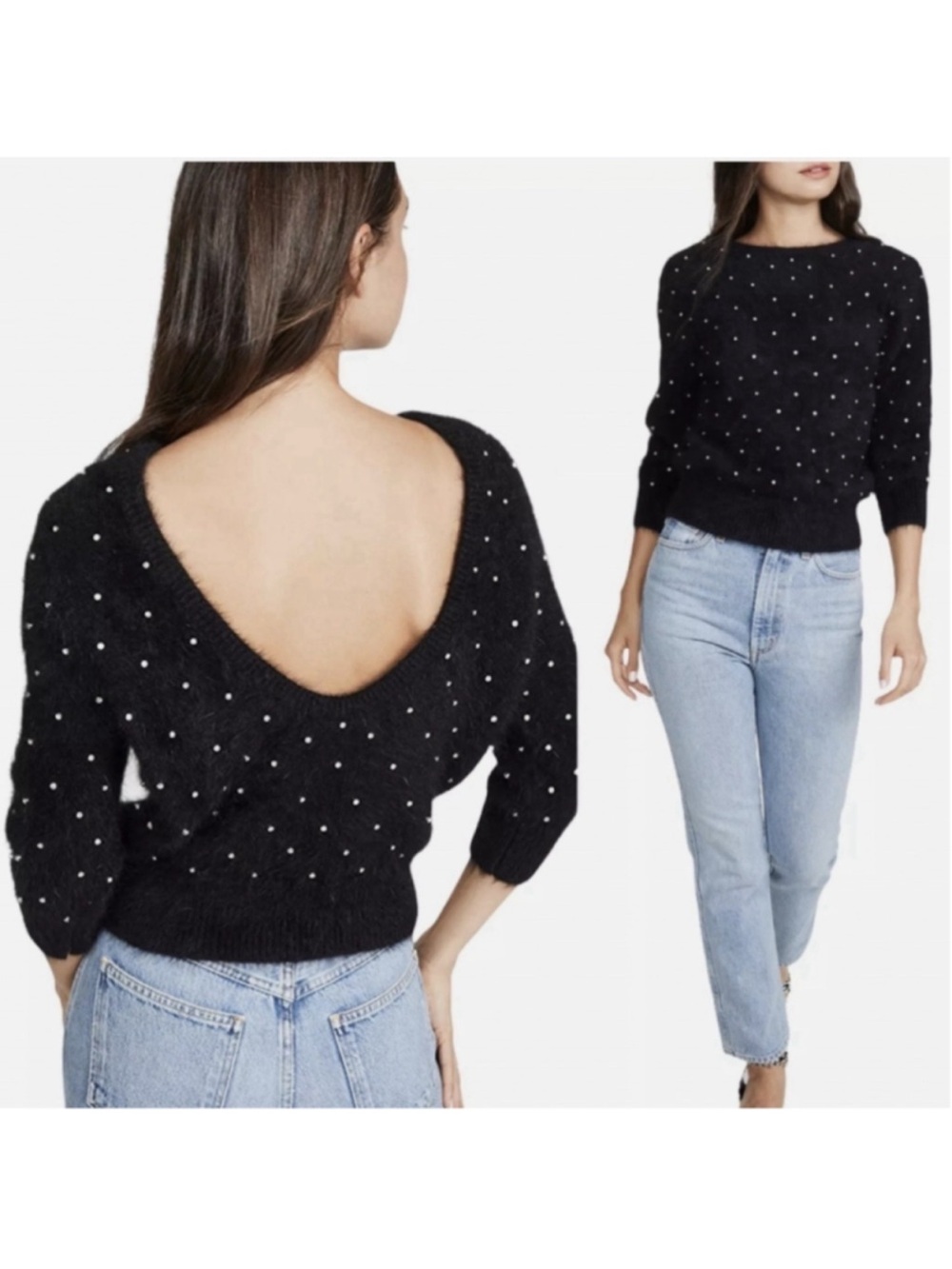 NWOT ba&sh Black Off-Shoulder Sweater with Pearl Embellishments